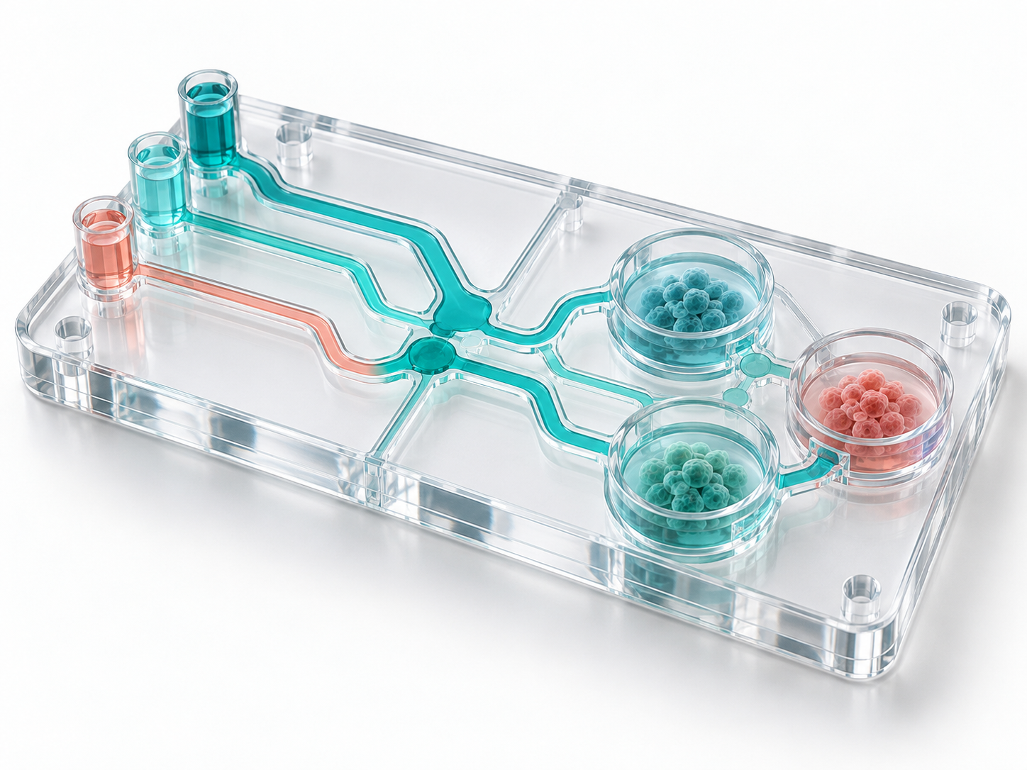 Conceptual three-dimensional rendering of a transparent microfluidic chip with branching channels and connected research chambers